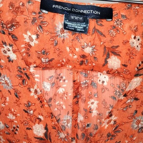 French Connection Midi‎ Sz 12 Sheer Chiffon Tea Flutter Sleeve Dress Pumpkin - Picture 5 of 12